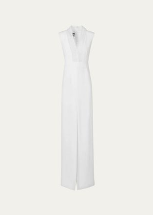 Akris Sleeveless Fringed Organza V-Neck Silk Cr&ecirc;pe Column Gown