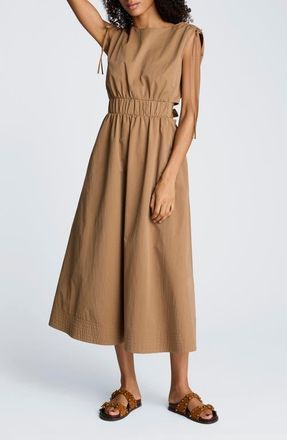 Kenneth Cole Cutout Detail Ruched Waist Stretch Cotton Midi Dress in Mesquite at Nordstrom, Size 0