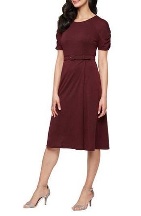 S.L. Fashions Belted Metallic Knit Short Sleeve Dress in Wine at Nordstrom Rack, Size 16
