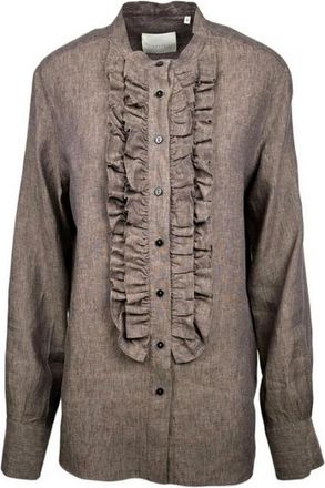 Xacus Bruine Linnen Regular Shirt met Mandarin Kraag - Dames - Overhemden - Bruin - M - Linnen - Overhemden
