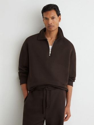 Reiss Chocolate Brown Cotton Heavyweight Half-zip Sweatshirt, 2XL