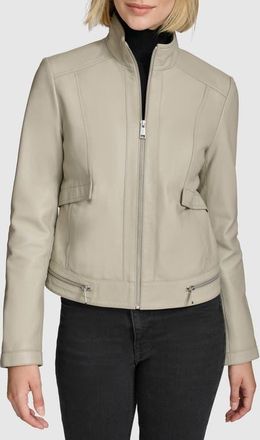 Andrew Marc Rowan Leather Racer Jacket in Stone at Nordstrom, Size X-Large