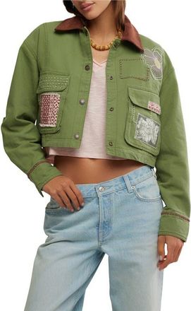 Free People Martha Workwear Appliqu&egrave; Crop Jacket in Callisto Green at Nordstrom, Size X-Large