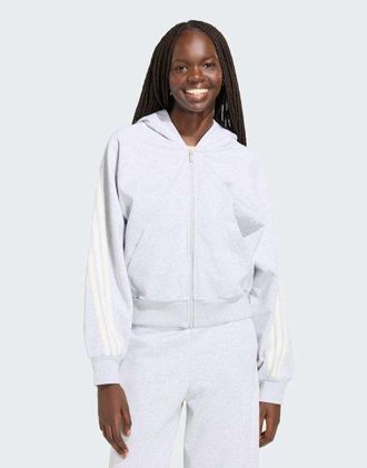 adidas adidas kit - Felpa con cappuccio e zip con 3 strisce grigio m&eacute;lange chiaro e bianco sporco