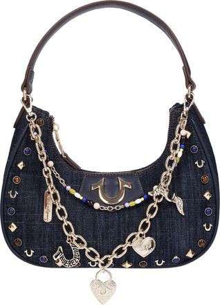 True Religion Studded Denim Shoulder Bag with Removable Charm Chain