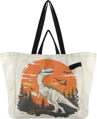 Generic Dinosaur Tree Orange print Reusable Canvas Tote Bag, Heavy Duty Grocery Shopping Bag with Double Handles Large Capacity Hard Bottom Work Groceries Tra