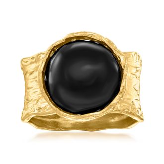 Ross-Simons Black Onyx Ring in Textured and Polished 18kt Gold Over Sterling