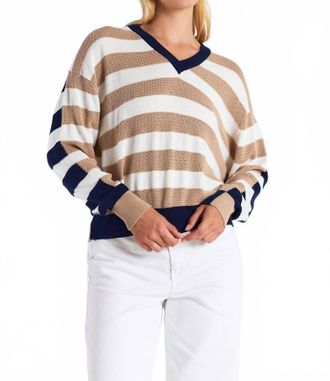 Brodie Mesh Stripe V Sweater In Light Brown & Navy
