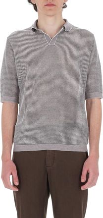 Ballantyne White Brown Textured Cotton-Linen Polo Shirt