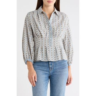 Max Studio Balloon Sleeve Button-Up Peplum Top in Sky Floral Kaleidoscope at Nordstrom Rack, Size X-Small