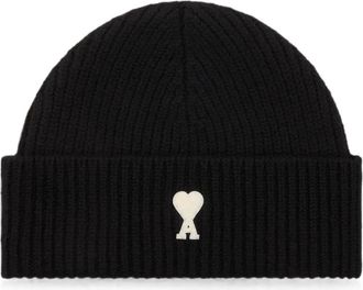 Ami Beanie met Contrasterende Ami de Coeur - unisex - Hoeden - Zwart - ONE Size - Wol - Accessoires