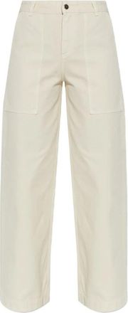 Moncler Katoenen Broek met Leren Logo - Dames - Wijde Broeken - Beige - S - Katoen - Broeken