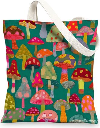 Generic Colorful Mushroom Canvas Tote Bag, Artistic Reusable Grocery Bags, Lightweight Green Shoulder Strap Bags 13x15 Inch