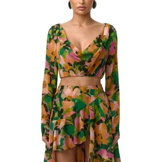 Naked Wardrobe Floral Long Sleeve Chiffon Crop Top in Secret Garden at Nordstrom, Size X-Large