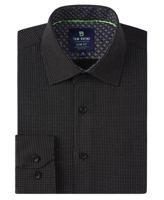 Tom Baine Men Slim Fit Performance Long Sleeve Geometric Casual Button Down Shirt, Black Dots, Medium