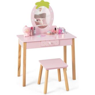 Costway Set Toeletta per Bambini 2 in 1, Set Tavolo da Trucco in Legno per Bambini con Sgabello, Specchio a Forma di Fragola e Cassetto, Ideale per