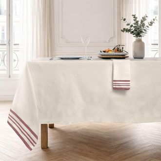 Febronie Mantel + 10 servilletas algod&oacute;n 180x400 beige lino / rojo tejas