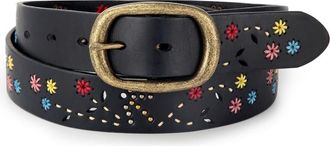OLD TREND Blossom Genuine Leather Hand Stitched Colorful Detail Belt in Black at Nordstrom, Size Medium