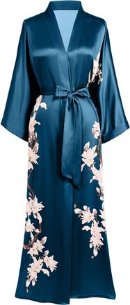 Babeyond Kimono Dressing Gown Floral Printed Kimono Robe Long Satin Kimono Dress Cover Up for Women Wedding Pyjamas Party 135cm/53inches (Darkgreen)