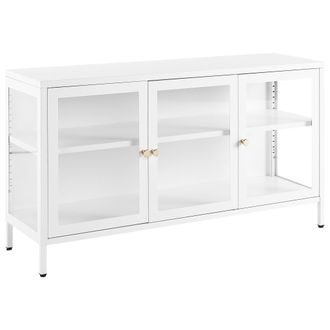 Beliani Aparador De Metal Blanco 115 X 35 Cm 3 Puertas Vidrio Templado Estantes Newport