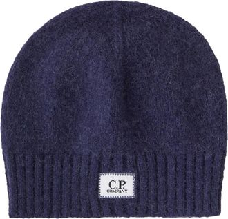 C.P. Company Alpaca Wollen Ribgebreide Beanie met Logo Patch - Heren - Hoeden - Blauw - ONE Size - Wol - Accessoires