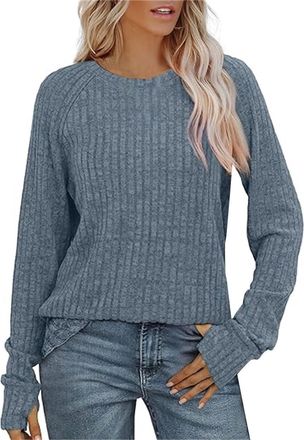 Generic Womens Long Sleeve Knitted Jumper Loose Casual Pullover with Ribbed Details Thumb Holes Solid Tunic Style Tops for UK Ladies Winter Jumpers for Women 