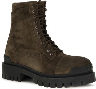 Balenciaga Mens Combat Strike Waxed Suede Calf Leather Boots Olive-Ag Silver Olive/ag