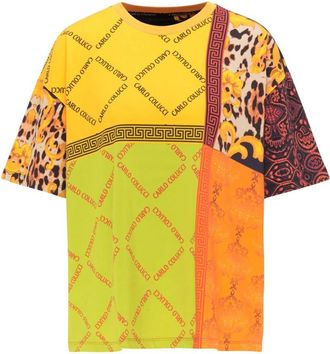 Carlo Colucci Allover Print T-shirt - Dames - T-shirts - Geel - L - Katoen - Tops
