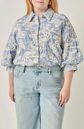 English Factory Embroidered Striped Volume Sleeve Shirt in Blue/cream at Nordstrom, Size 3X