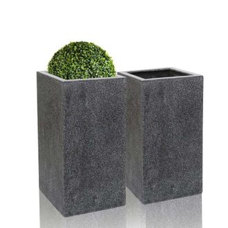 PRIMROSE Set of 2 Poly-Terrazzo Black Tall Cube Outdoor Planters 79cm in Grey