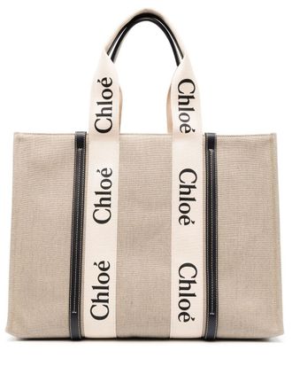 Chloé large Woody linen tote bag - women - Linen/Flax/Calf Leather - One Size - Neutrals