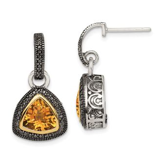 Diamond2Deal Sterling Silver with 14K Accent Antiqued Trillion Bezel Citrine Dangle Earrings