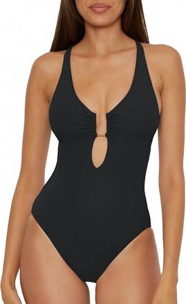 BECCA by Rebecca Virtue Womens Ribbed Plunge Neck Tie Back One Piece Swimsuit In Black