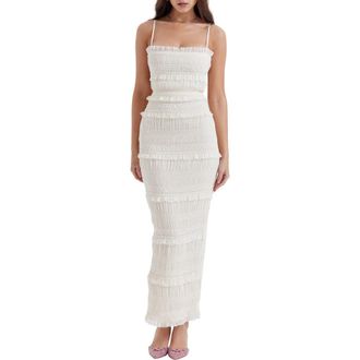 House of CB Solana Sequin Smocked & Shirred Cocktail Dress in Ivory Print at Nordstrom, Size Small