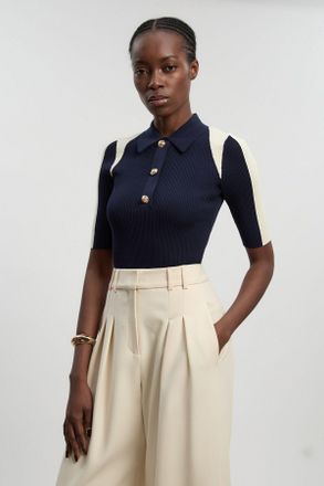 Karen Millen Womens Rib Knit Military Colour Block Short Sleeve Top - Navy Polyamide - Size X-Small