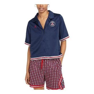 Air Jordan (WMNS) Air Jordan Paris Saint-Germain Logo Embroidered Soccer/Football Sports Loose Short Sleeve Shirt Navy Blue DC3820-410