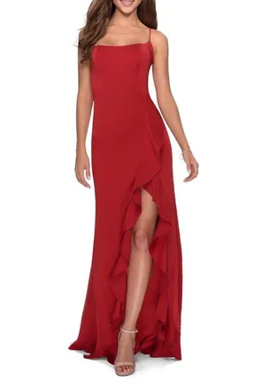La Femme Ruffle Prom Dress with Scoop Neck and Lace Up Back in Red at Nordstrom, Size 10