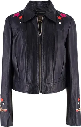 Roberto Cavalli Black Embellished Leather Trucker Jacket Size S