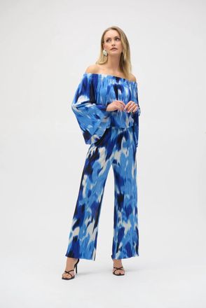 Joseph Ribkoff Tropical Print Pleated Off-Shoulder Top In Blue/vanilla