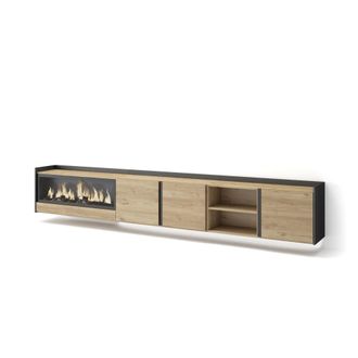 Skraut Home Mueble tv efecto madera roble negro 315x35x50cm chimenea efecto fuego