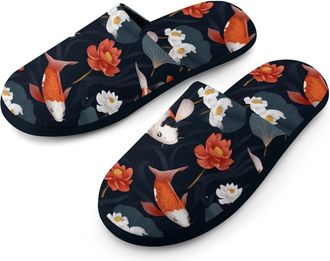 Generic Japanese Fish Flowers Mens Flannel Slipper Soft Comfy House Shoes Non Slip Winter Warm Indoor Outdoor Slippers
