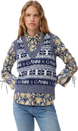 Ganni Blue Logo Wool Mix Vest in Sky Captain Size 2XS Womens