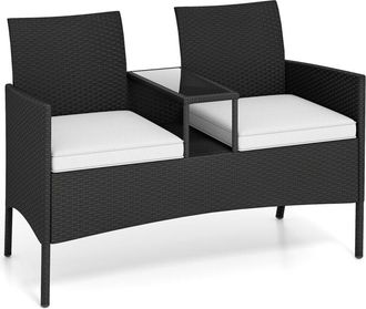 Costway Wicker 2-Seat Furniture Patio Loveseat with Built-in Table White