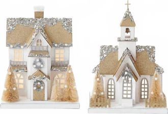 One Hundred 80 Degrees Lighted Holiday House And Church In White And Gold