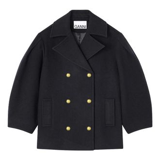 Ganni Blazers, female, Blue, Size: M Peacoat Wool Midi Coat