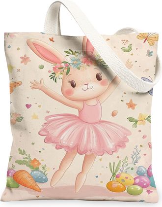 Generic Spring Floral Canvas Tote Bags, Adorable Rabbit Design Reusable Grocery Bags, Lightweight Washable Shoulder Strap Canvas Fo, Peach, 13x15 Inch