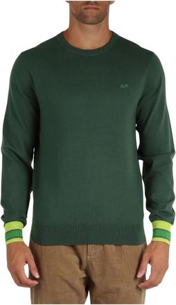Sun 68 Merino Wol Katoen Trui Contrast Manchetten - Heren - Ronde hals truien - Groen - S - Katoen - Truien & Vesten