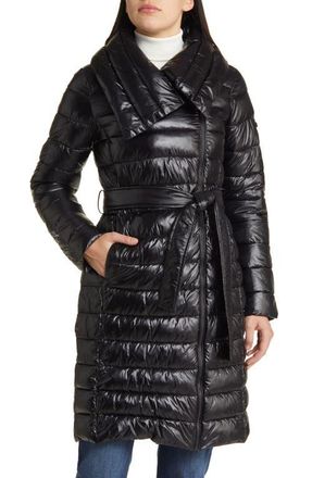 Via Spiga Asymmetric Belted Puffer Coat in Black at Nordstrom, Size Small