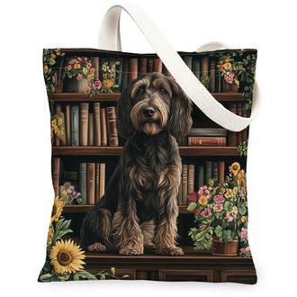 Generic Spring German Wirehaired Pointer Dog Canvas Tote Bag for Shopping 13x15, Flower Bookshelf Puppy Reusable Grocery Print Bag for Women, Fun Pet Beach Ae