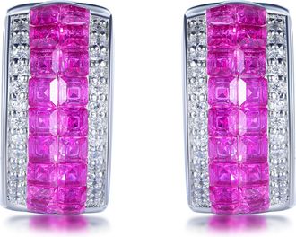 Suzy Levian Sterling Silver Invisible Set Red White Cubic Zirconia Huggie Earrings